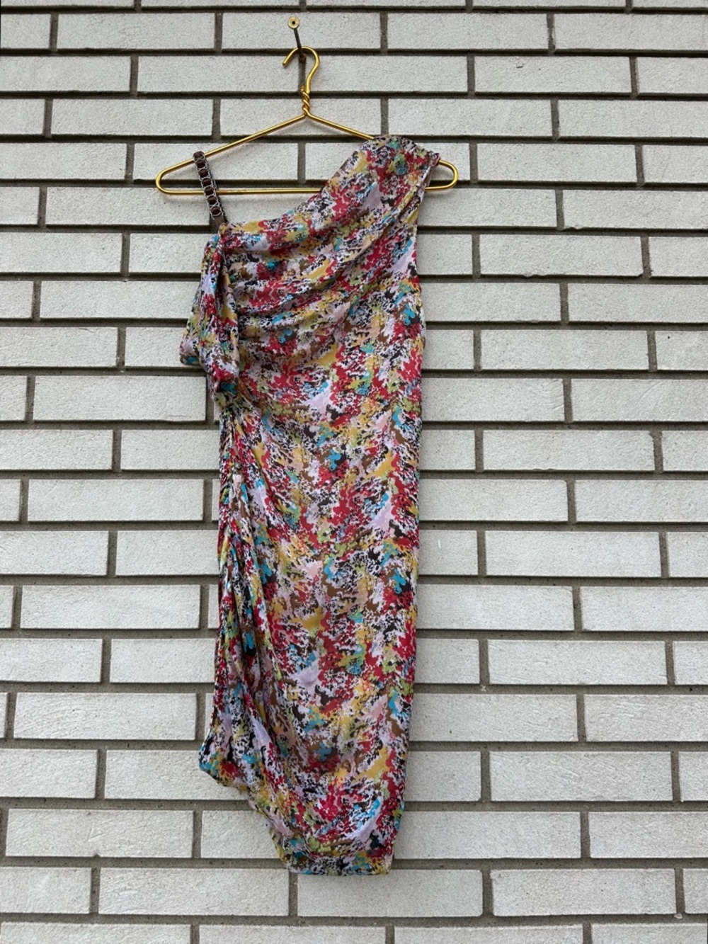 Catherine Malandrino Silk One Shoulder Draped Dress Chain Strap Ruched 0 Art